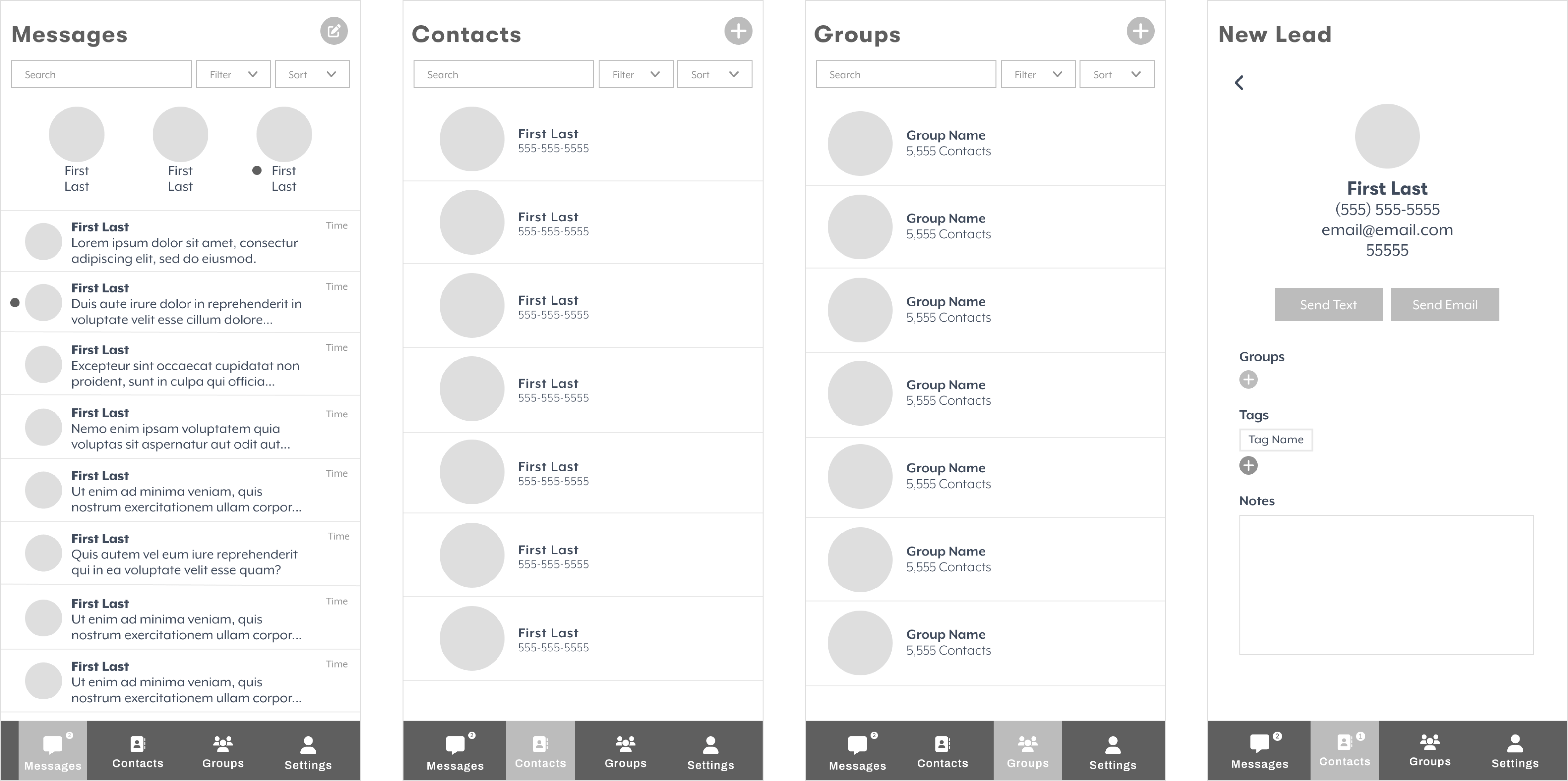 One To One Messaging Mobile Wireframes