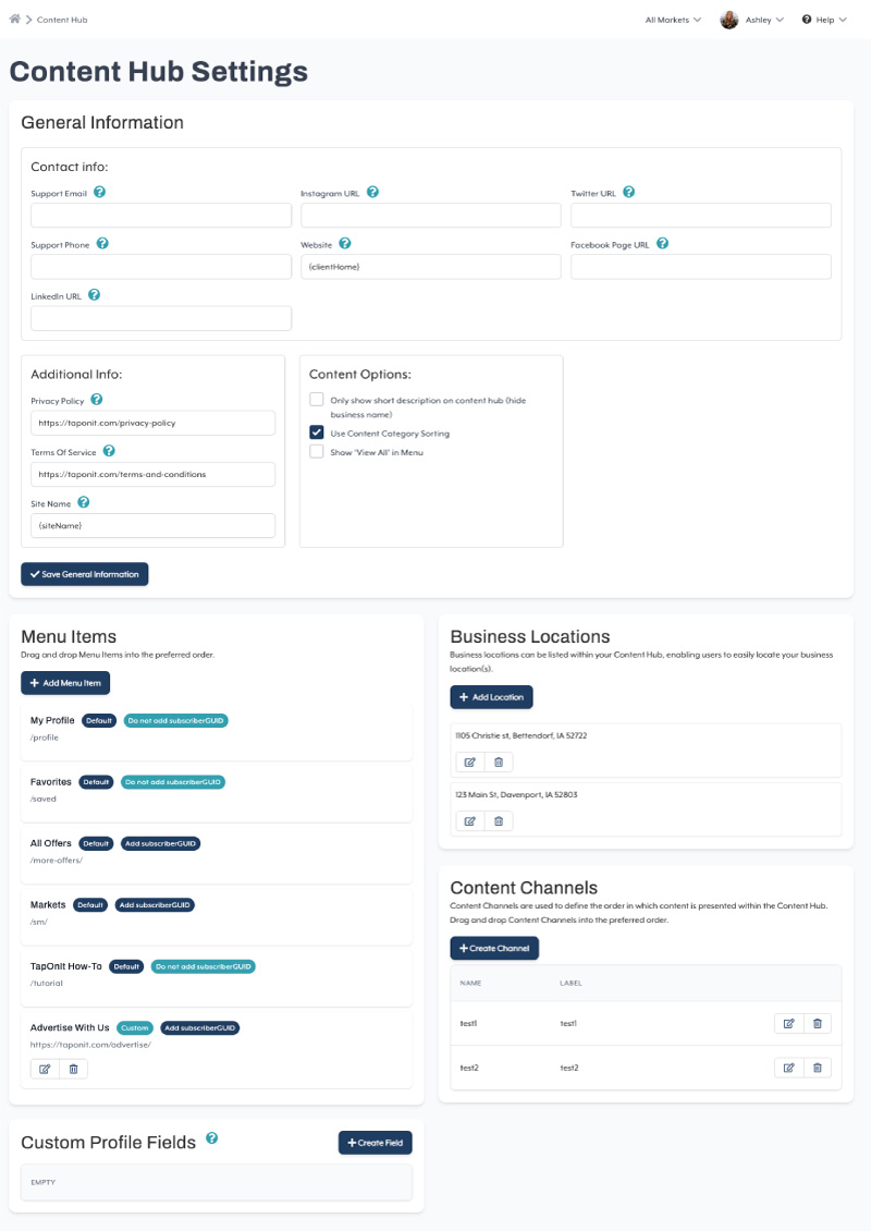 content hub settings before redesign