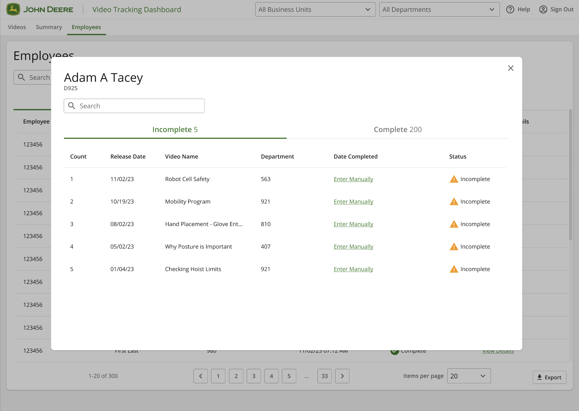 EmployeeDetails high fidelity mockup of video dashboard employee details